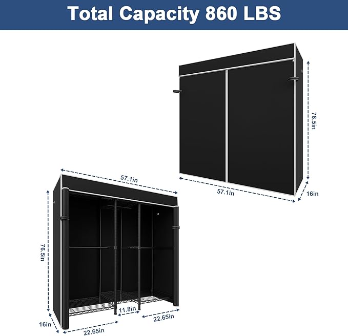 Ulif E12C Heavy Duty Closet Organizer System，Freestanding Clothing Rack, Adjustable Garment Rack 57.1" W x 16" D x 76.5" H Ho