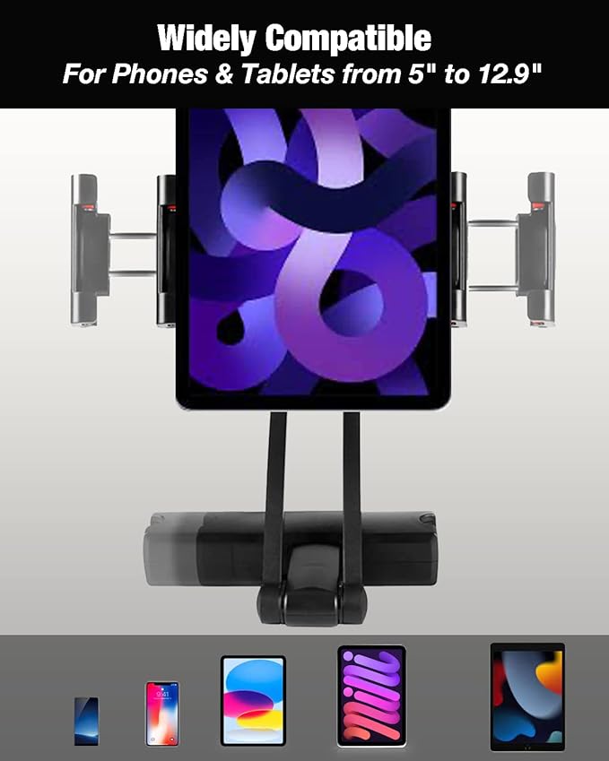 INNOMAX Adjustable Long Arm Tablet Mount, Backseat iPad Holder, 5"-12.5" Devices, Black