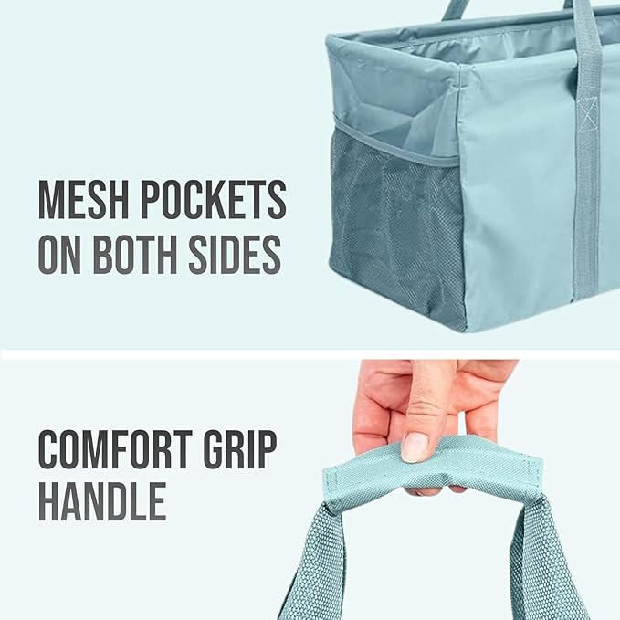 Extra Large Utility Tote Bag - Oversized Collapsible Tote with Wire Frame, Durable Reusable for Beach, Groceries, Laundry, Car Trunk, Storage and Travel - Includes 5x7 Bag with Hook - Light Blue