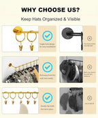 Viklluyr Hat Organizer for Baseball Caps Hat Rack with 20 Hooks - Sturdy Metal Hat Storage Wall Mounted Caps Hanger Set of 2 