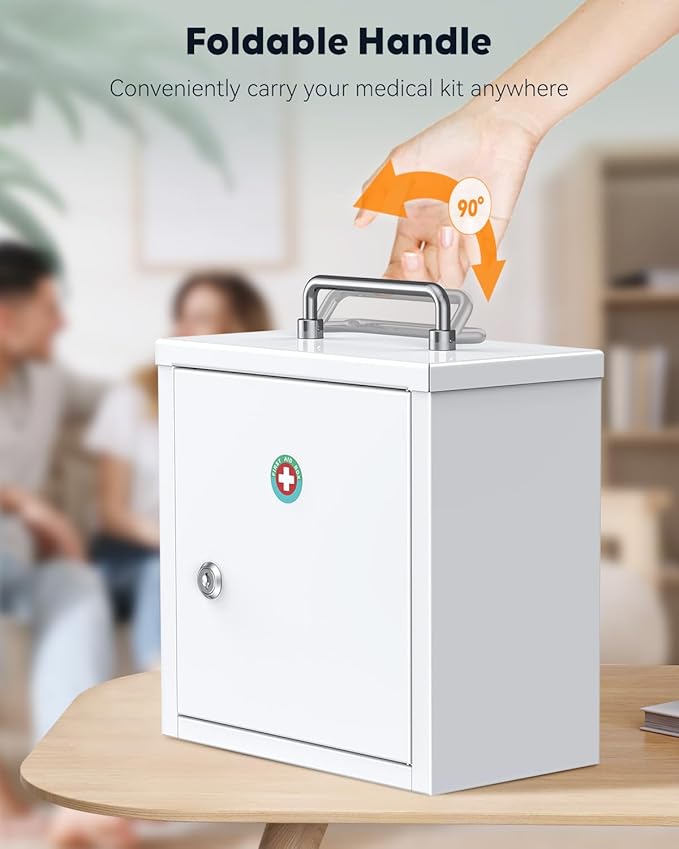 Uniclife Wall Mount Medicine Cabinet with Key Lock & Handle Locking First Aid Cabinet Lockable Medical Cabinet Lightweight Me