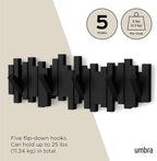 Umbra Sticks Wall-Mounted Coat Rack Rail Hook with 5 Retractable Pegs – Modern, Space-Saving Storage Organizer, Black