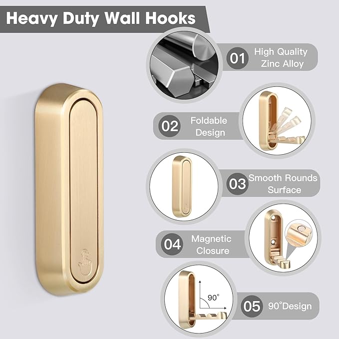 Dntorx Folding Coat Hooks, 2 Pcs Foldable Gold Wall Hooks Heavy Duty Foldable Hook Bathroom Towel Hooks Robe Hooks Wall Mount