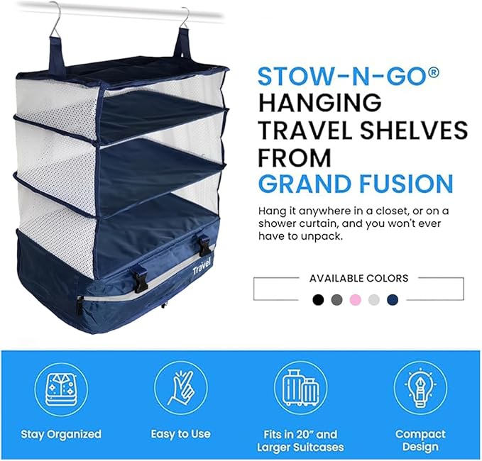 Grand Fusion Stow-N-Go Packing Organizer for Luggage, Portable Hanging Travel Shelves, Carry-On Closet, Hanging Packing Cubes