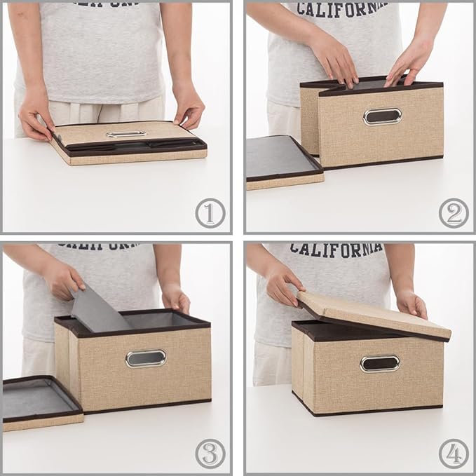 PRANDOM Storage Bins with Lids [3-Pack] Jute Fabric Foldable Storage Boxes Organizer Containers Baskets Cube with Cover for H