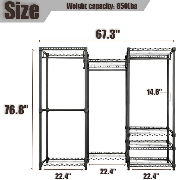 KAXIWEI Portable Closet Wardrobe – Heavy-Duty Freestanding Clothes Rack with 4 Hanging Rods & 8 Shelves, Adjustable Clothing 