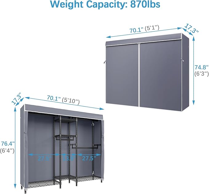 VIPEK Classic V6C Heavy Duty Covered Clothes Rack Portable Wardrobe Closet, 5 Tiers Wire Garment Rack Black Metal Clothing Ra