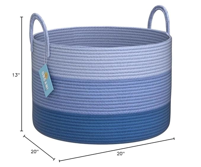 OrganiHaus Large Woven Storage Basket for Blankets and Toys 20" x 13" Inch, Rope Laundry Basket with Handles, Cushions & Pill