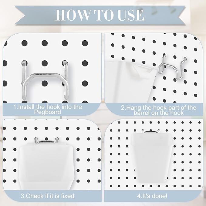 Tessco 12 Sets Pegboard Cups with Hooks Loops Large Bins White Pegboard Wall Organizer Peg Board Containers Square Box Shape 