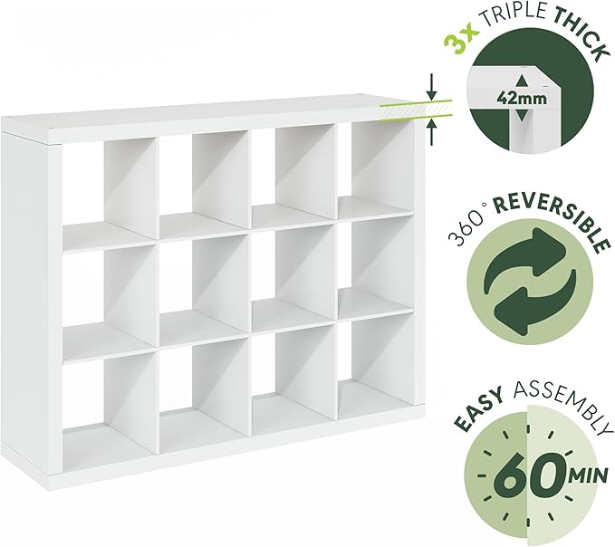 Furinno Cubicle Book Shelf, 12-Cube Bookshelf, Triple Thick Frame Cube Storage Organizer, 1.65" Thick Bookcase, 15.4" x 57.4"