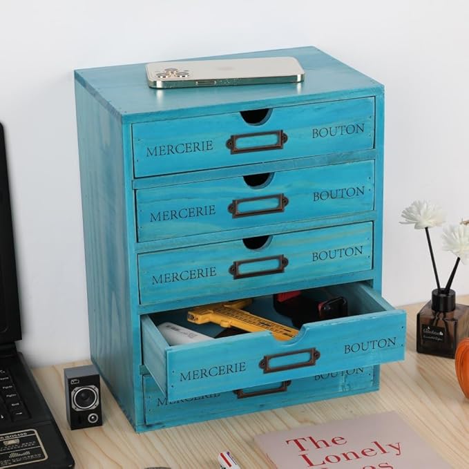 Wooden Storage Box with 5 Drawers Apothecary Drawers Vintage Wooden Drawers Wood Desktop Organizer with Drawer Library Card C