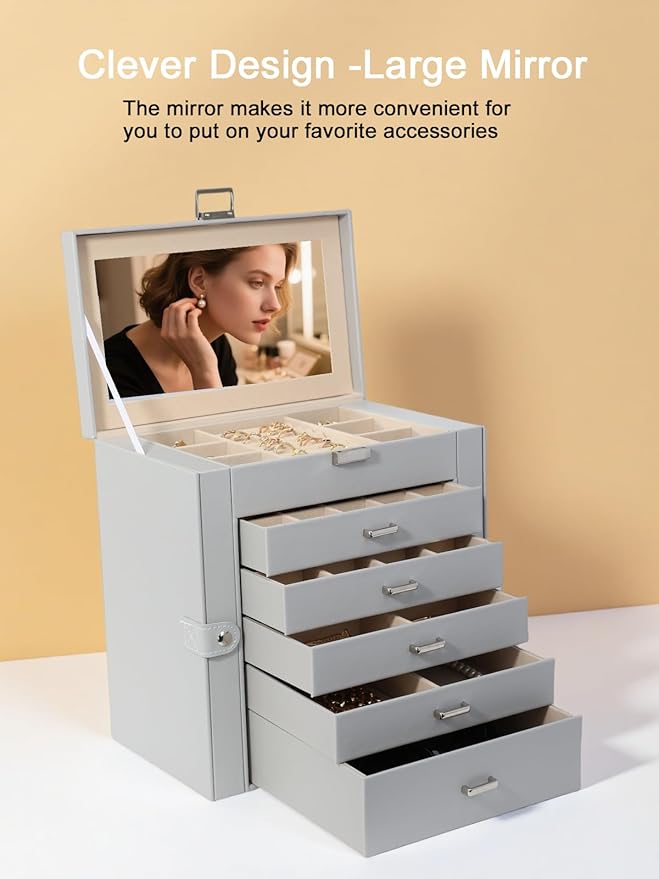 BOOVO Jewelry Box For women, 6 Layer Large Jewelry Organizer With Mirror, Multi-Function Storage Box With Lock, Necklace Hold