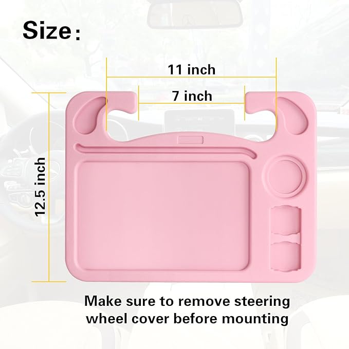 4 in 1 Car Steering Wheel Tray with Dual Sauce Dip Holder and Tablet Holder,Car Table Food Trays for Eating,Driver Desk Fit Most Auto Vehicle Steering Wheels (Pink, Large)