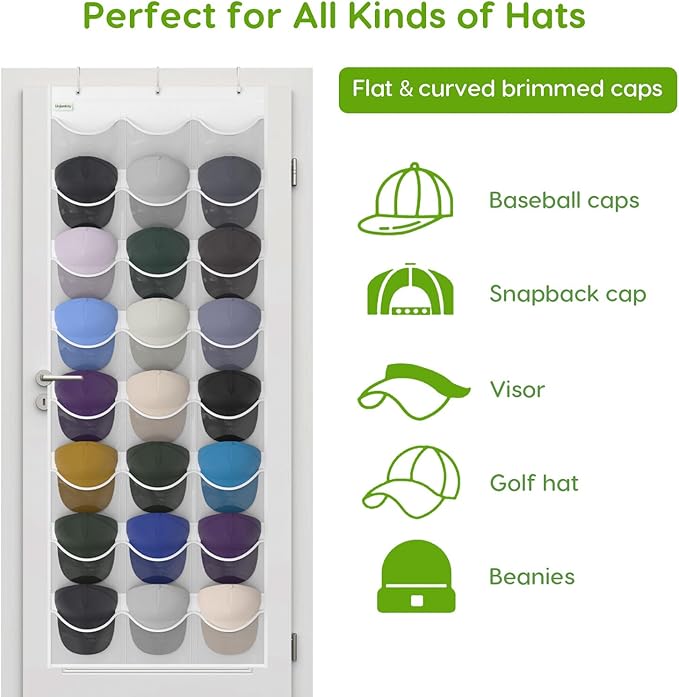 Unjumbly Baseball Hat Rack, 24 Pocket Over-The-Door Hat Organizer with Clear Deep Pockets to Display Baseball Caps Collection