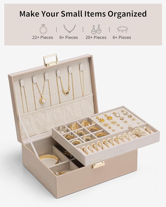 VLANDO Jewelry Box for Women, Gift for Women Girls,2 Layer Jewelry Box,Large Jewelry Organizer for Women Removable Jewelery T