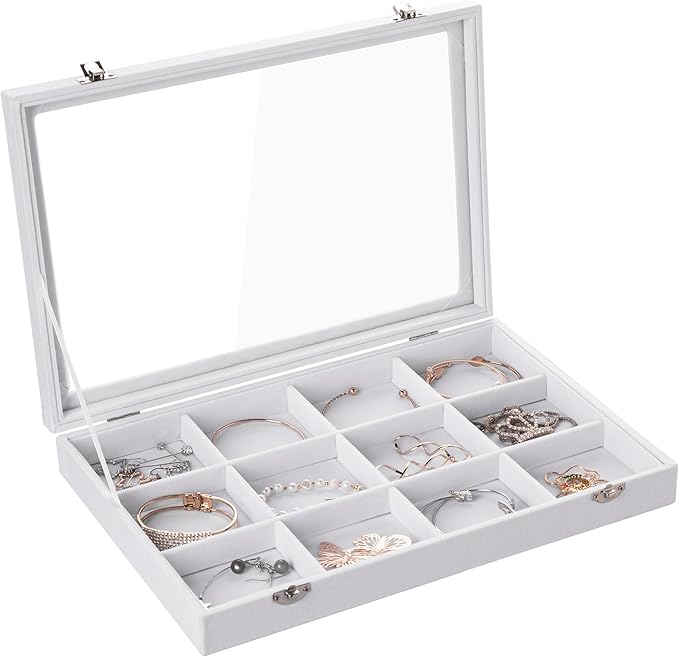 Frebeauty Velvet Jewelry Tray,12 Grid Jewelry Organizer with Clear Lid,Bracelets Holder,Jewelry Display Case with Clasp,Drawe