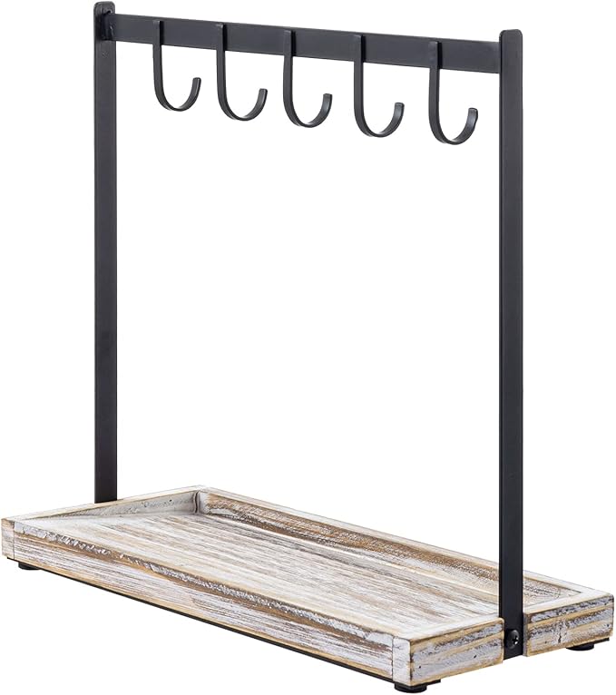 MyGift Black Metal Entryway Key Holder with 5 Hooks and Shabby Whitewashed Wood Base, Tabletop Necklace and Jewelry Organizer