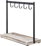 MyGift Black Metal Entryway Key Holder with 5 Hooks and Shabby Whitewashed Wood Base, Tabletop Necklace and Jewelry Organizer