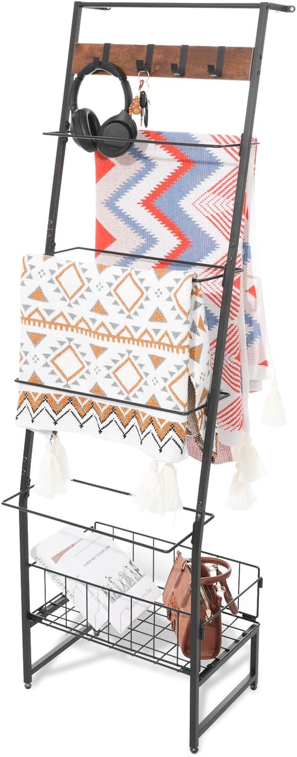Metal Blanket Rack with Wire Mesh, 4 Cubbies & Single Bar - Ideal for Home Organization