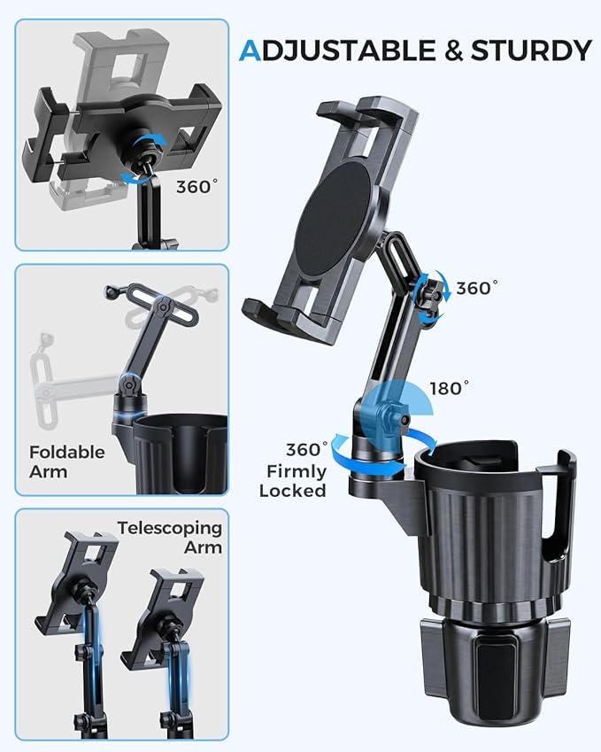 Profortop 2-in-1 Cup Holder Tablet Mount Expander, 2-Section Foldable 15" Height Adjustable Arm & 360° Rotation, Universal Fit for iPad, iPhone, All Smartphones and Most Bottles for Car SUV Truck