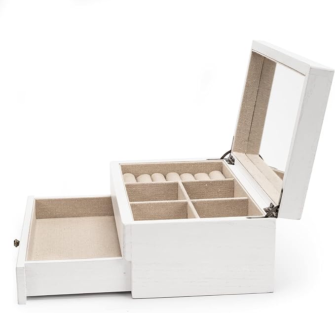Meangood Jewelry Box Organizer for Women, 2 Layer Large Jewelry Storage Case, Rustic Wooden Jewelry Box with Mirror & Ring Tr