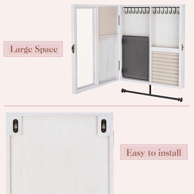 Keebofly Wall Mounted Jewelry Organizer With Rustic Wood Large Space Jewelry Cabinet, Holder, Storage Box for Necklaces, Earr