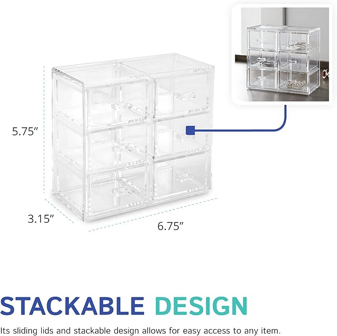 Huang Acrylic Stackable Upright 6-Drawer Jewelry Organizer Crystal Clear Acrylic | Makeup Jewelry Accessories Cosmetic Counte