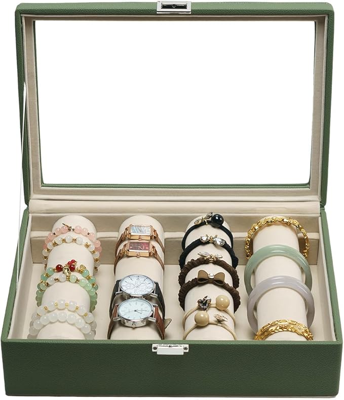 Bracelets Organizer Rods Bangles Display Holder, Clear See through Lid Leather Velvet Jewelry Storage Box Case for Women, 4 R