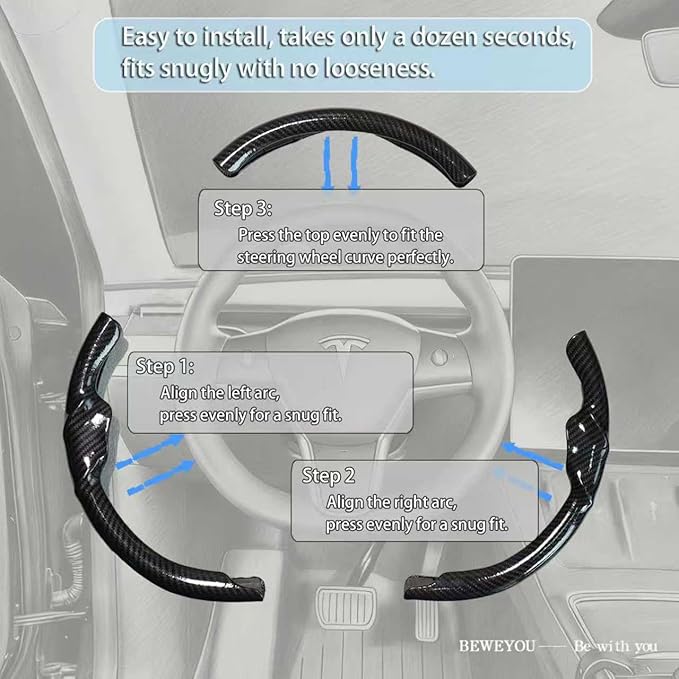 Carbon Fiber Steering Wheel Cover for Tesla Model 3 2017-2023 & Model Y 2020-2024, Anti-Slip Wear-Resistant High Temperature Resistant (Sheen Black)