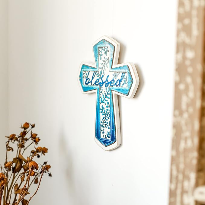 OKSQW 11" Wall Cross Handmade White Wood & Blue Iron Christians Spiritual Religious Cross with Hook Christmas Wall Hanging Cr