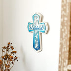 OKSQW 11" Wall Cross Handmade White Wood & Blue Iron Christians Spiritual Religious Cross with Hook Christmas Wall Hanging Cr