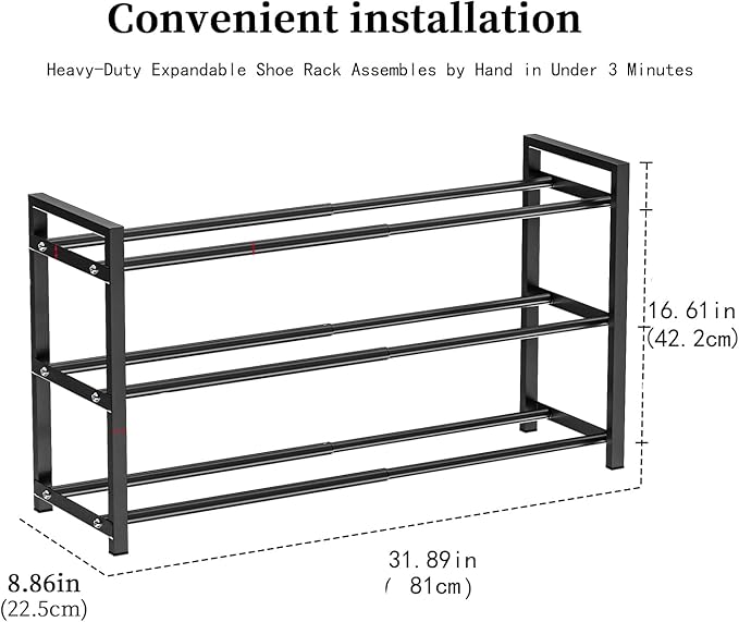 EKETE Expandable Shoe Rack,Adjustable and Stackable 3-Tier Shoe Rack Organizer, Shoe Rack for Closet,Space Saving,Metal Free 