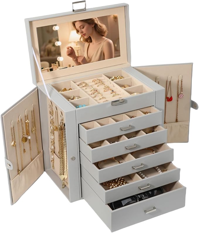 BOOVO Jewelry Box For women, 6 Layer Large Jewelry Organizer With Mirror, Multi-Function Storage Box With Lock, Necklace Hold