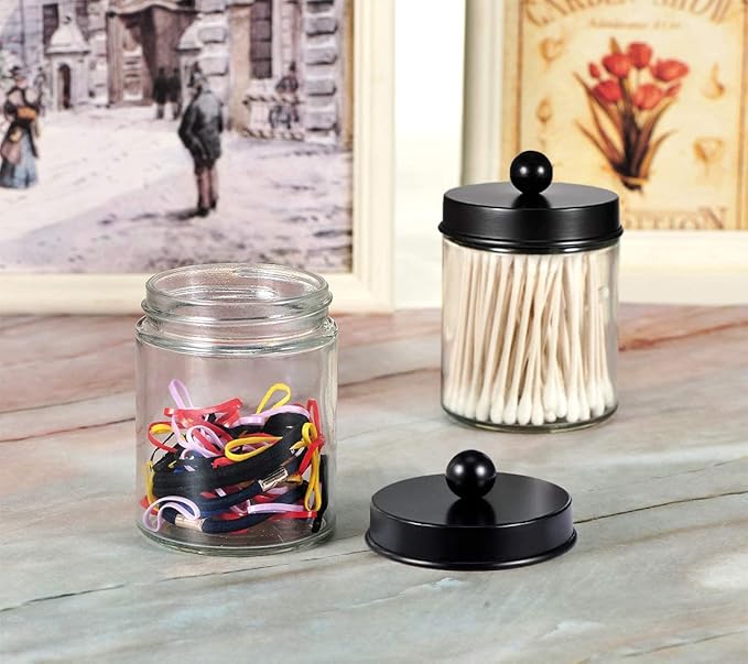 Amolliar 4 Pack Apothecary Jars Bathroom Vanity Storage Organizer Set -Countertop Canister with Stainless Steel Lids &Cute St