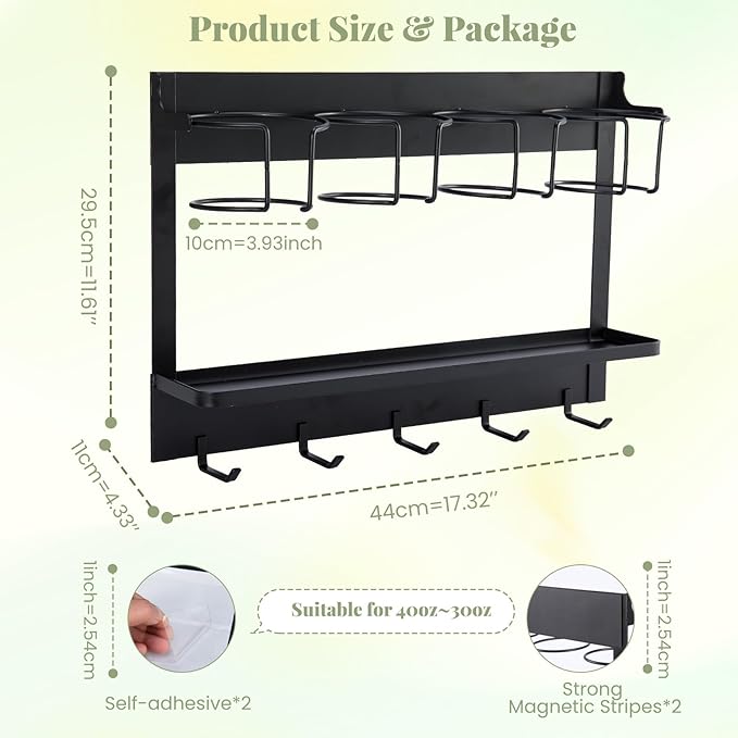 CINPIUK Water Bottle Organizer Holder, Magnetic Cup Rack Storage for Stanley & Large Tumbler, Space Saving Wall Mount Bottle 