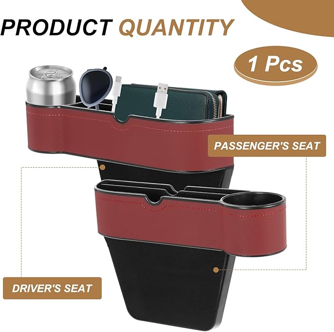 HARFINGTON Car Seat Gap Filler Organizer 10.6 x 7.1 x 2.8 Inch ABS+Leather Universal Car Organizer Storage Box Between Seat and Console (Right) with Cup Holders for Phone Keys, Wine Red