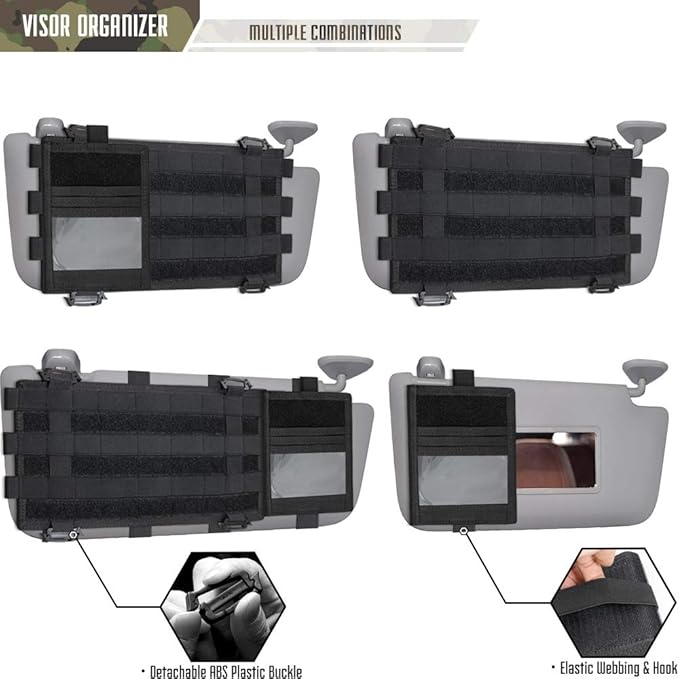 WYNEX Car Visor Organizer with Detachable Card Pouch | Auto Sun Visor Storage Molle Panel with Elastic Webbing Slots for Glasses & Tactical Gear | Fit Most Vehicle, SUVs & Trucks (2, Black (2-Pack))