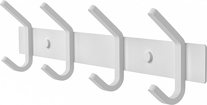 White Coat Rack Wall Mount – 12 Inch Stainless Steel Hook Rail with 4 Heavy Duty Double Coat Hooks – Wall Mounted Coat Hanger