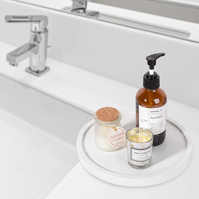 Round Decorative Tray Wood Bathroom Counter Organizer Farmhouse Kitchen Decor Wooden Riser for Soap Dish, Perfume, Candle, Sp