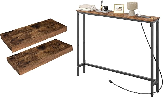 HOOBRO Floating Shelves and Console Table Bundle, Wall Mounted Shelf Set of 2, 39.4 Inch Narrow Entryway Table with Power Out