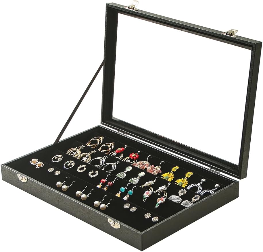 Coward Earring Organizer Tray Box, Black Velvet Earring Jewelry Display Storage Tray Case with Transparent Glass Lid for Home