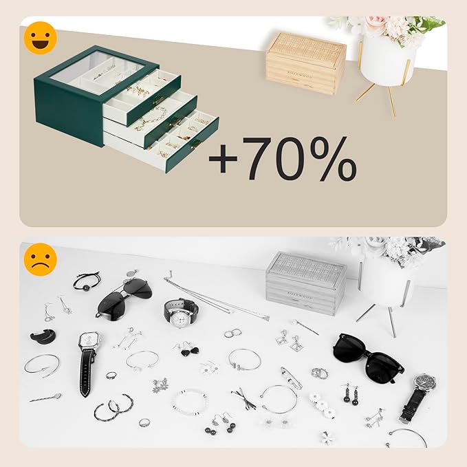 Jewelry Box Organizer with 3 Drawers,Glass Lid Jewelry Boxes for Women,Jewelry Storage for Rings,Necklaces,Earrings,Bracelets