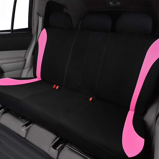 Flying Banner Car Seat Covers Full Set Front Seats and Rear Bench Mesh Fabric Splicing Polyester Cover Black with Pink Color