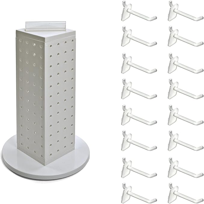 Azar Displays 700220-WHT-2W16 Four-Sided 4”W x 12” Revolving Pegboard Tower Kit Counter Display with 16-Pack of 2 inch Lockin