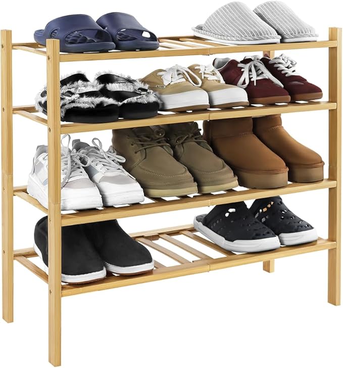 WKWKER 4-Tiers Bamboo Shoe Rack Stackable Free Standing Shoe Racks Portable Shoe Storage Organizer Stackable Shelf for Entryw