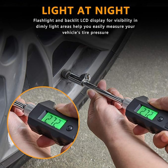 Digital Tire Pressure Gauge 230 PSI Auto Shut Off LCD Backlight Digital Display RV Heavy Duty Dual Head Rotatable Pressure Measuring Valve with LED Flashlight for RV Car Truck Motorcycle