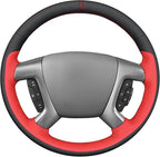 MEWANT Hand Stitch Steering Wheel Cover for Chevy Silverado 1500 Avalanche Suburban Black Red Faux Leather Steering Wrap