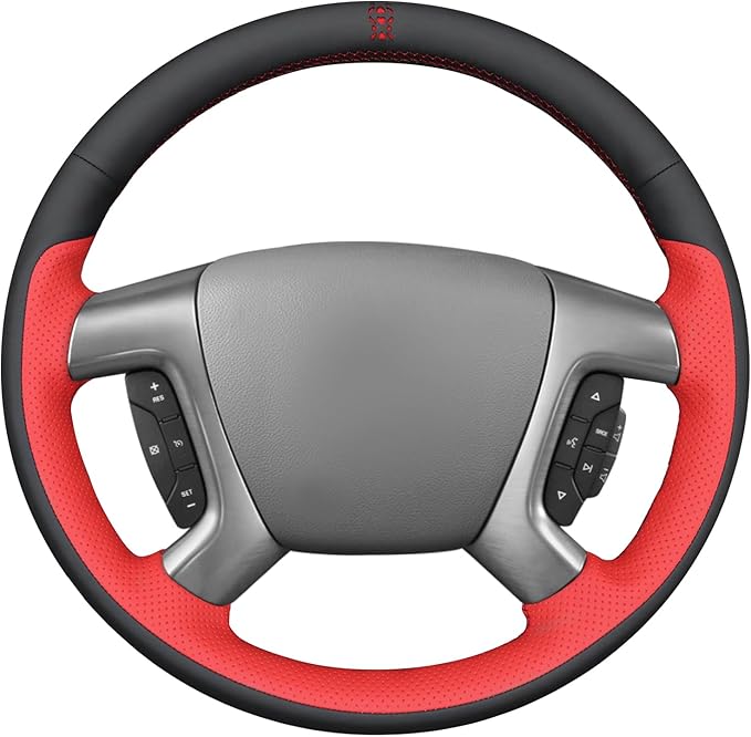 MEWANT Hand Stitch Steering Wheel Cover for Chevy Silverado 1500 Avalanche Suburban Black Red Faux Leather Steering Wrap