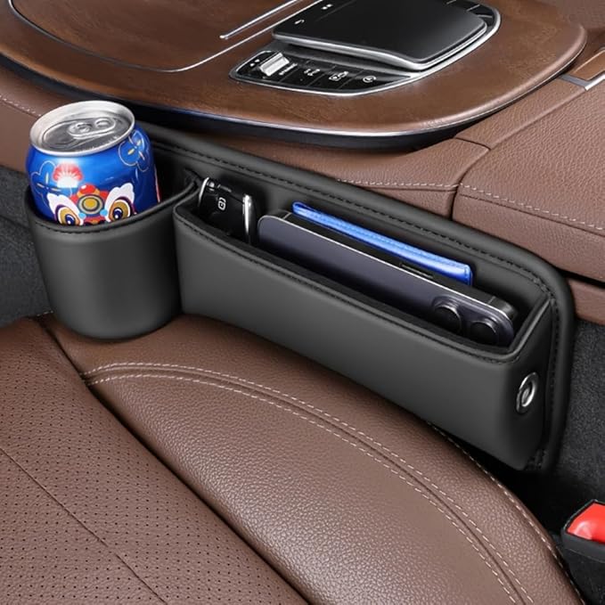 Car Seat Gap Filler Organizer with Cup Holders, Seat Gap Storage Box for Drinks, Phones, Keys, Sunglasses, Cards, and Small Essentials (Black, Passenger Seat)
