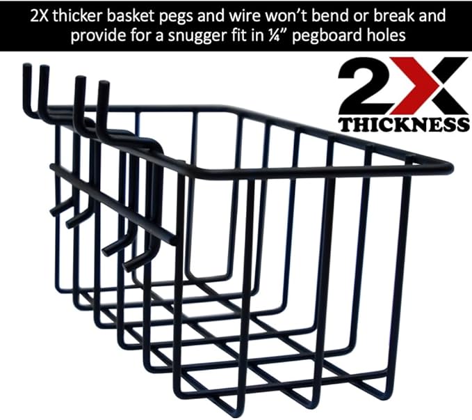 Heavy Duty Peg Board Hook Baskets for ¼ Pegboard Holes, Set of 3 Black Wire Baskets, Extra Thick Metal Fit Snugly in Pegboard